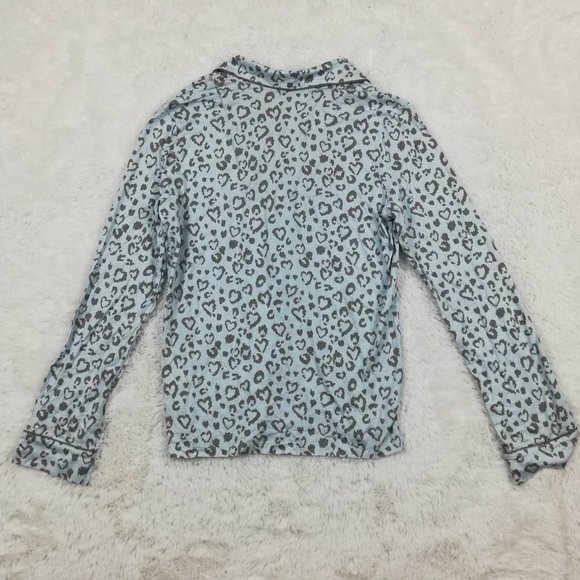 PJ Salvage Womens Pajama Top Multicolor Gray Heart Leopard Pocket Collared S New - Picture 2 of 8